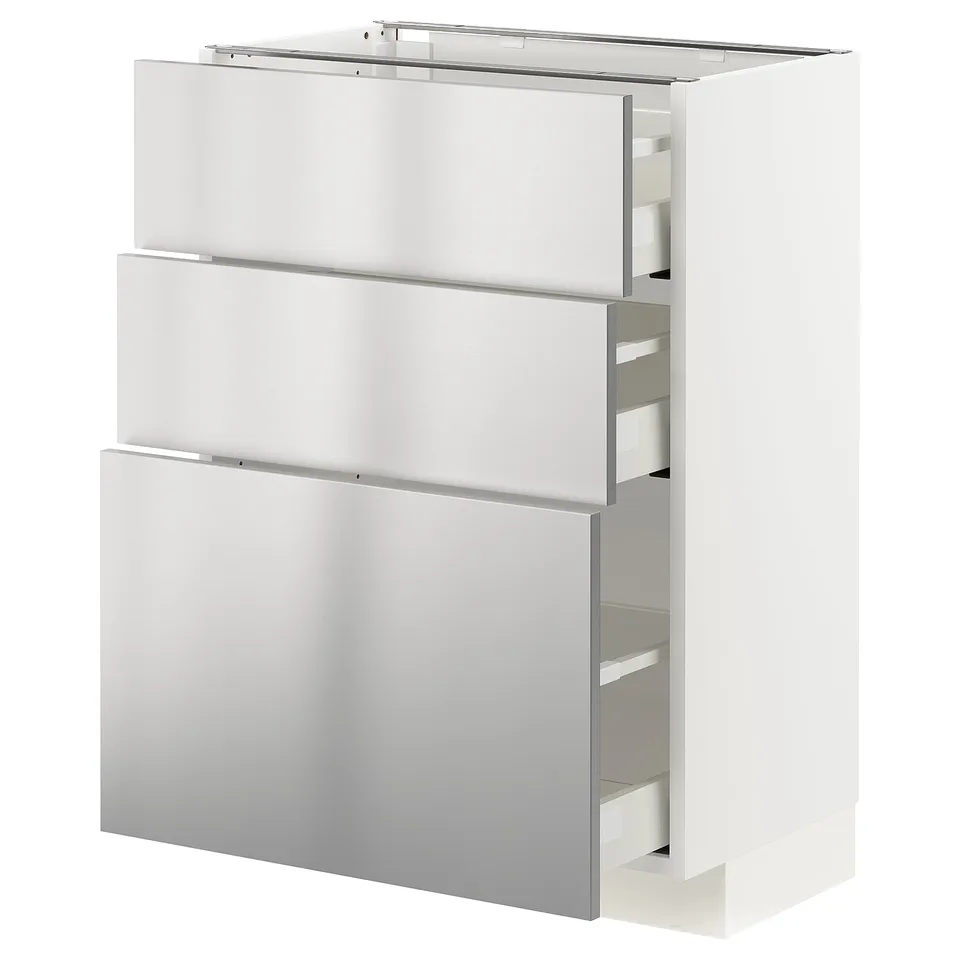 Modern white METOD kitchen cabinet with stainless steel handles and pull-out drawers.