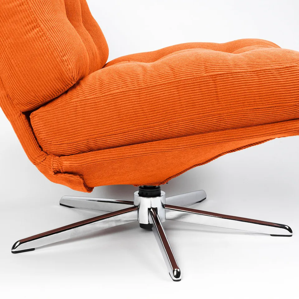 Bright orange upholstered chair with five-spoke chrome base, designed for comfort.
