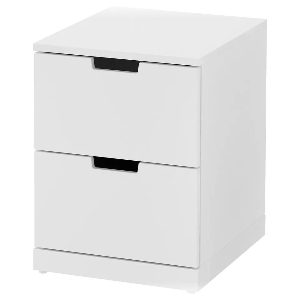 White NORDLI 2-drawer chest, modern, square, smooth handles.