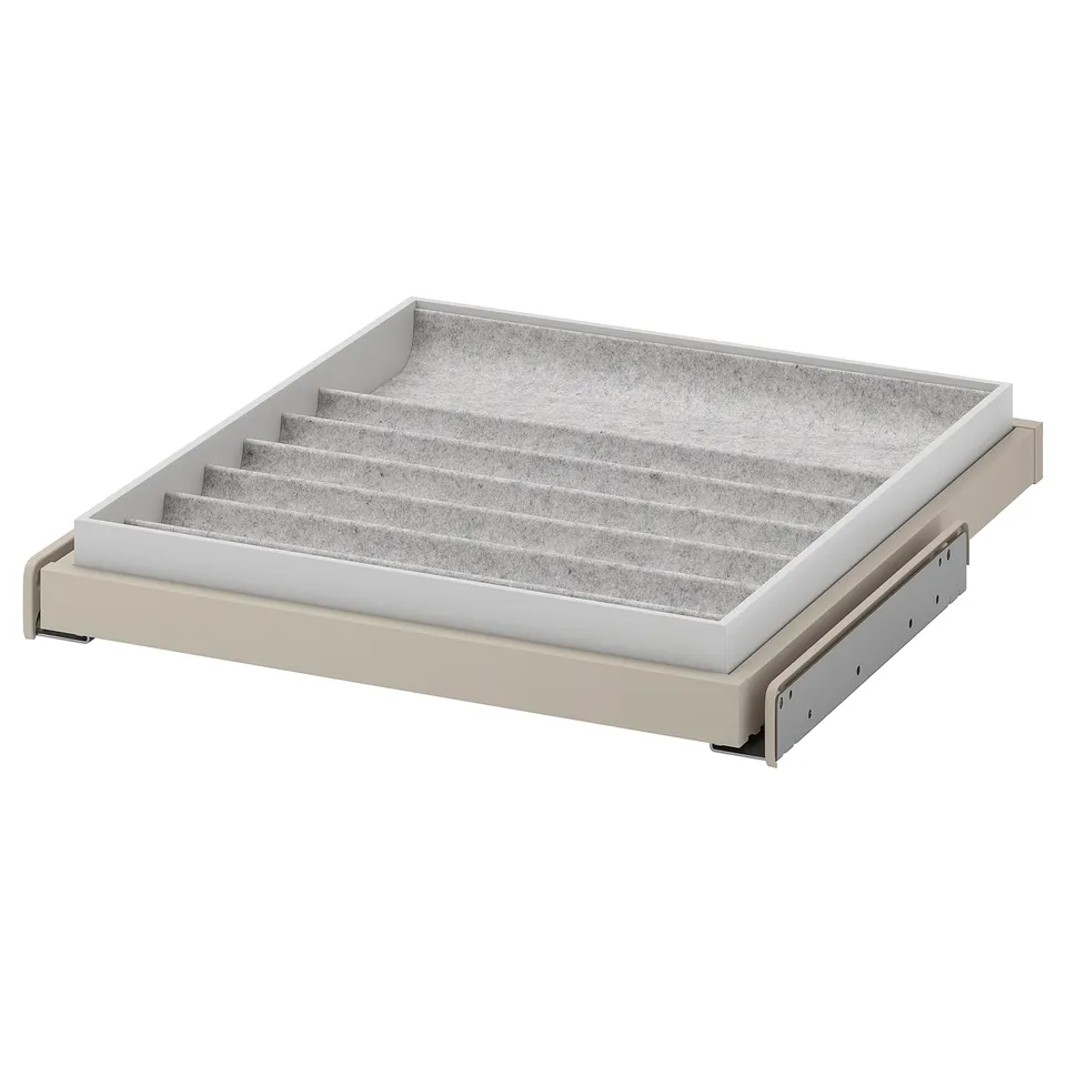 KOMPLEMENT pull-out tray organisation system, cream, fiberboard, rectangular, felt-lined compartments.