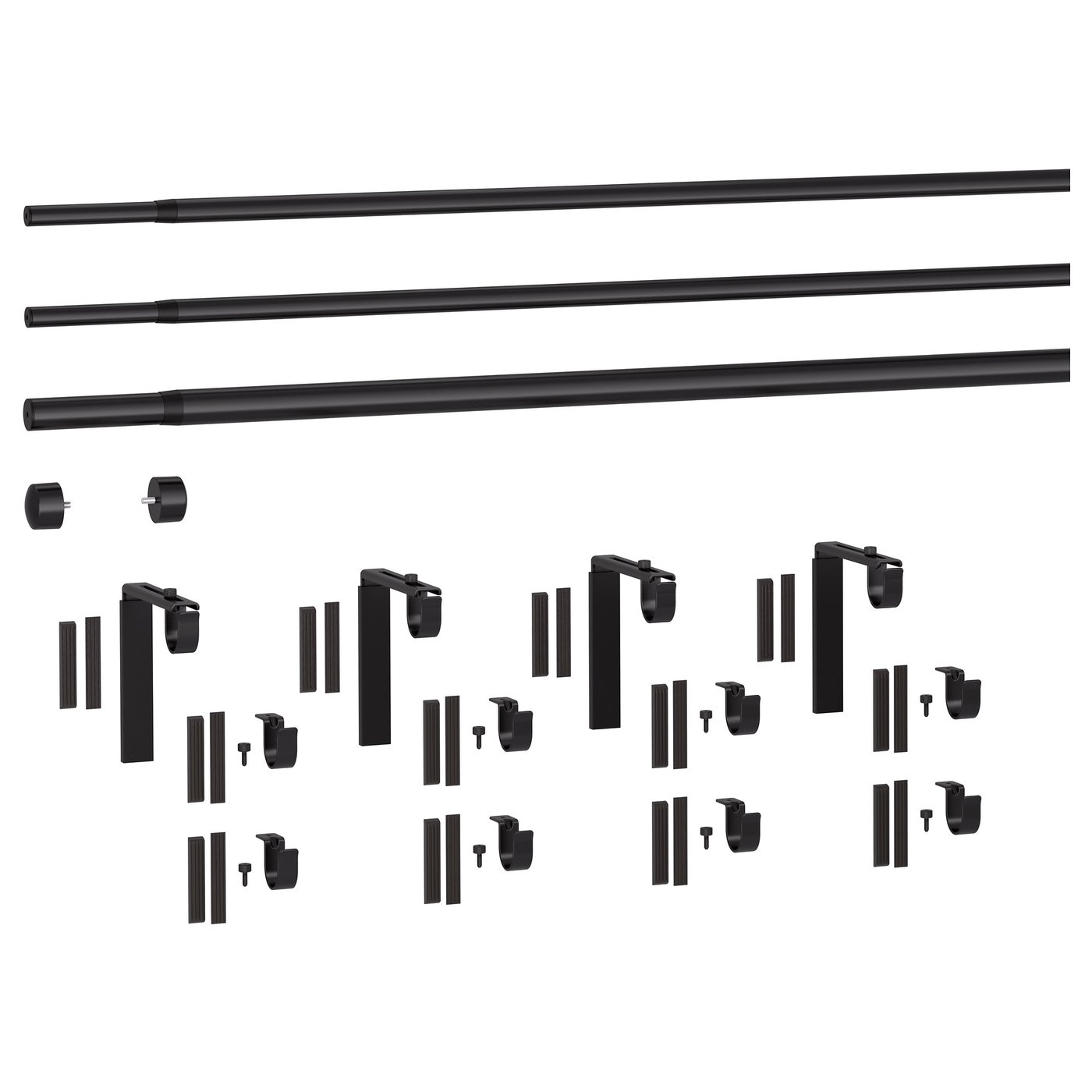 Black RÄCKA curtain rod set - includes rods, brackets, and finials.