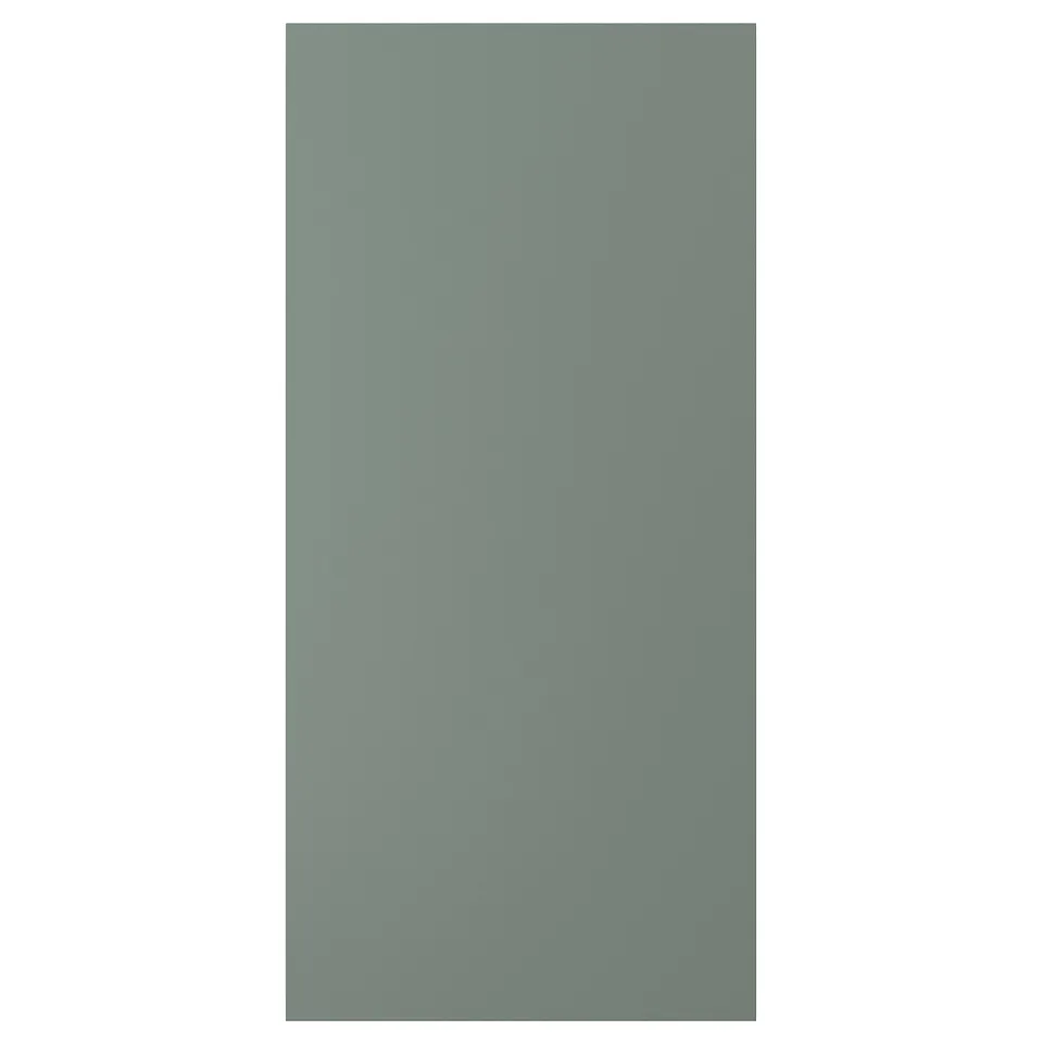 A NICKEBO kitchen cabinet front in a gray-green colour, featuring a smooth finish and rectangular shape.
