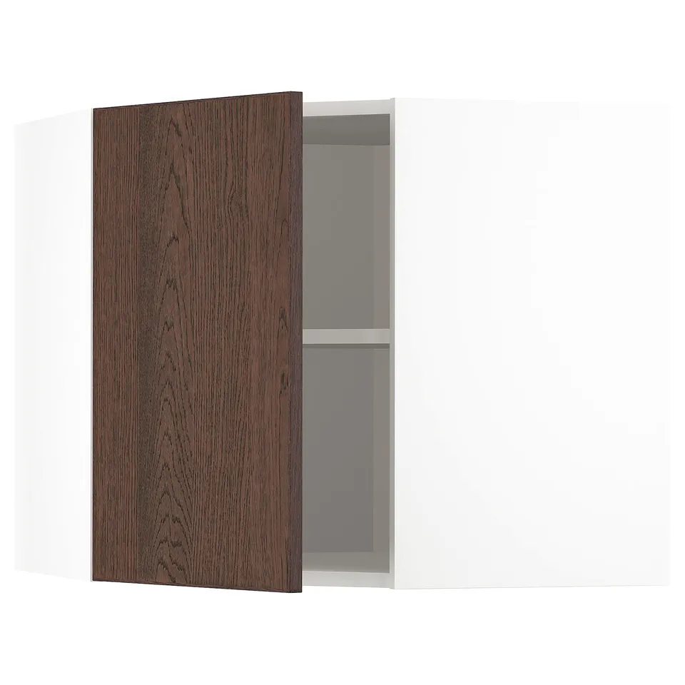 Dark brown kitchen cabinet with single adjustable shelf, one door open, showcasing interior storage.