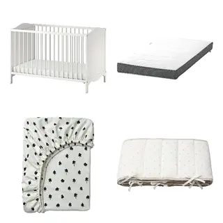 DRÖMMANDE/GRÖNFINK/LENAST/SMÅGÖRA set: cot + pocket spring mattress for cot + fitted sheet for cot + bumper pad, white + white/tree pattern + dotted/white grey, 60x120 cm