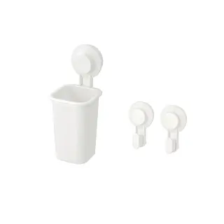TISKEN set: toothbrush holder with suction cup + hook with suction cup, white, Height 18 cm