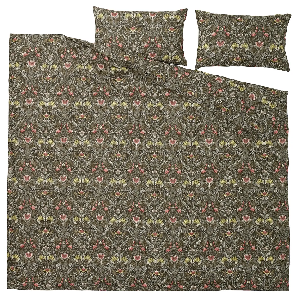 KÄRRDUNÖRT bedding set, dark green, floral pattern, 100% cotton/lyocell, rectangular with envelope pillowcases.
