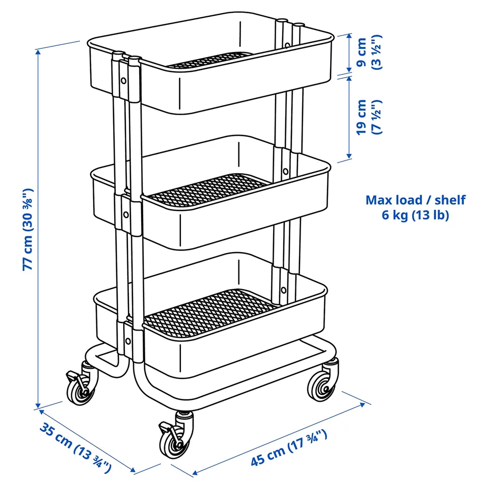 Illustration with measurements for the product: RÅSKOG.