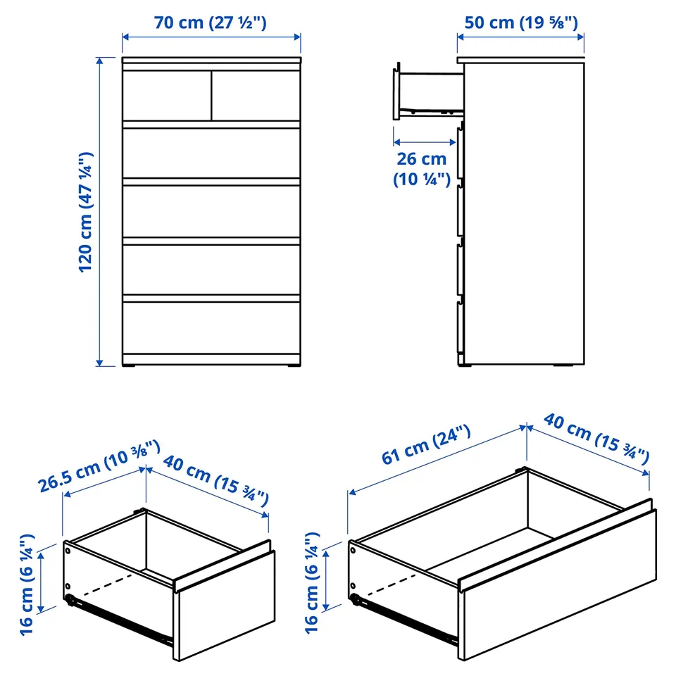 STORKLINTA Chest of 6 drawers, dark brown/oak effect, 70x50x120 cm