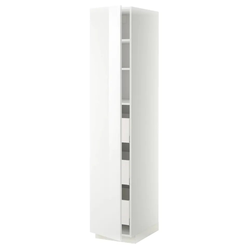 A white, tall kitchen cabinet with multiple shelves and a reversible door, part of the METOD system.