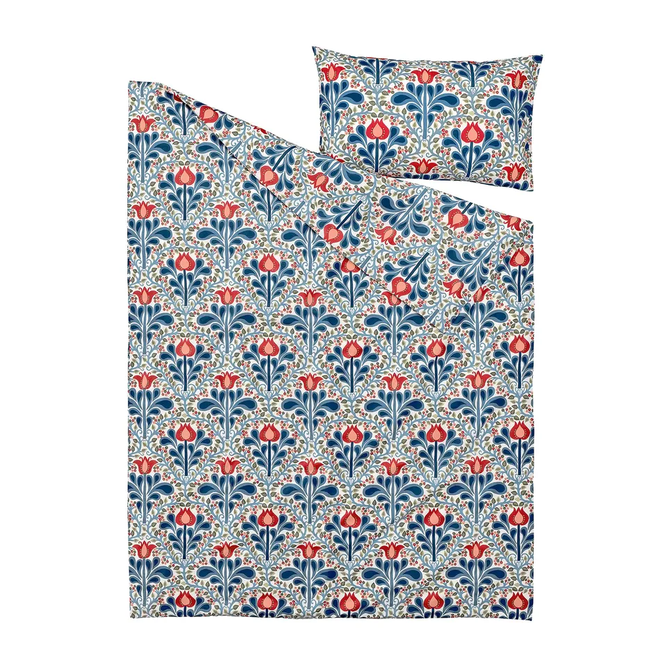 SÄTERVIDE duvet set, blue, red floral pattern, cotton/lyocell blend.