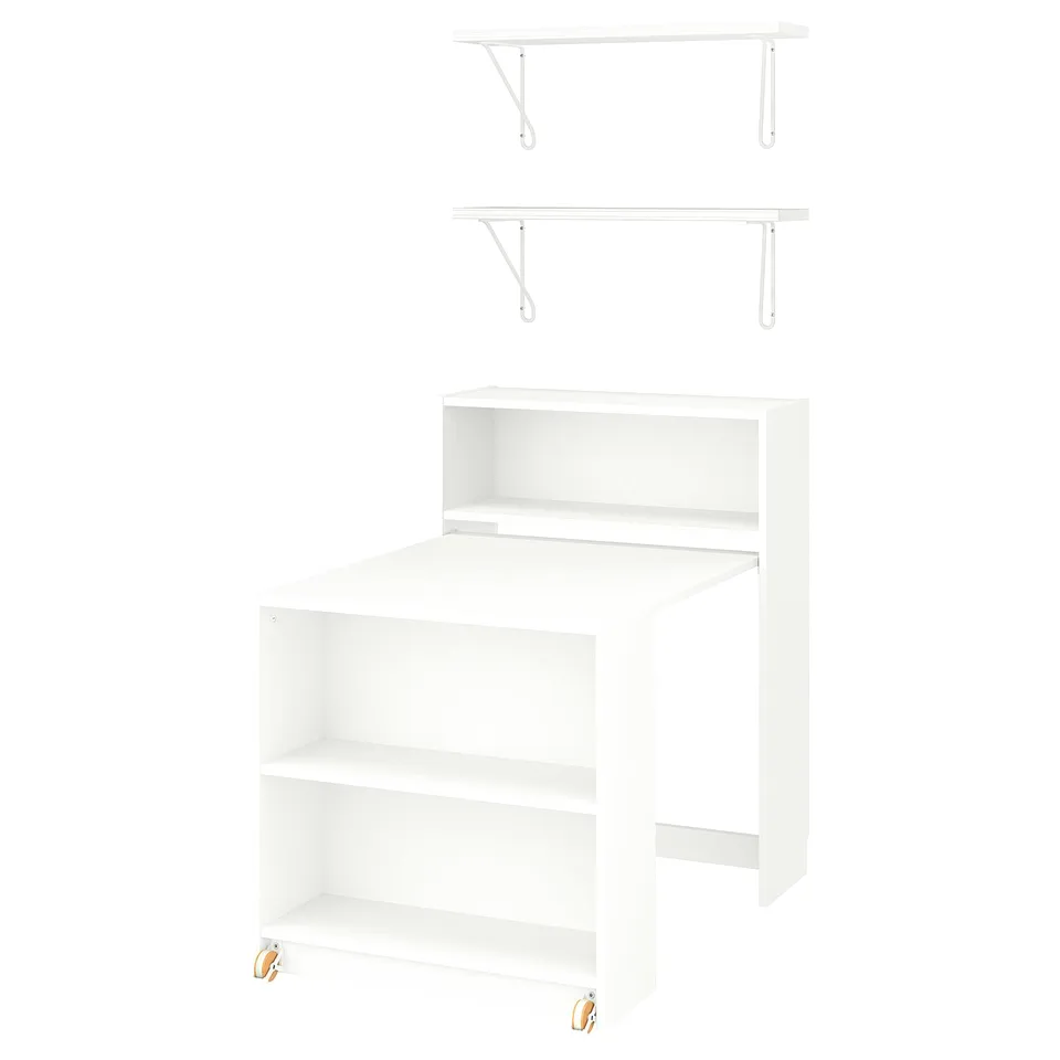 White BILLY bookcase with foldable table and wall shelves.
