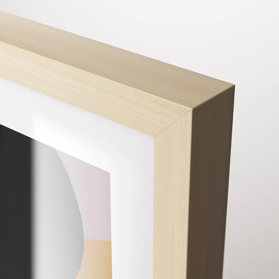 Gold-finished picture frame with sleek design, showcasing part of an abstract artwork. Front protection in plastic ensures safety.