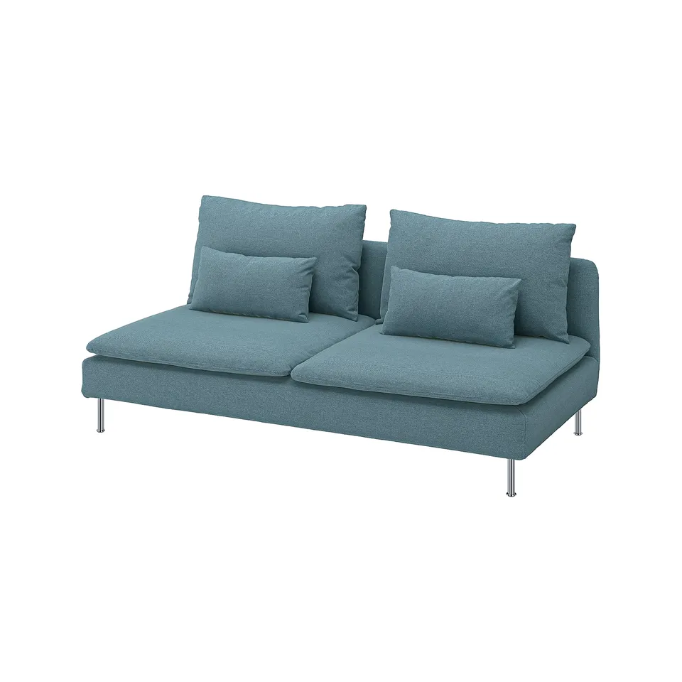 Blue modern sofa with cushions, metal legs. Simple, low profile, minimalistic design.