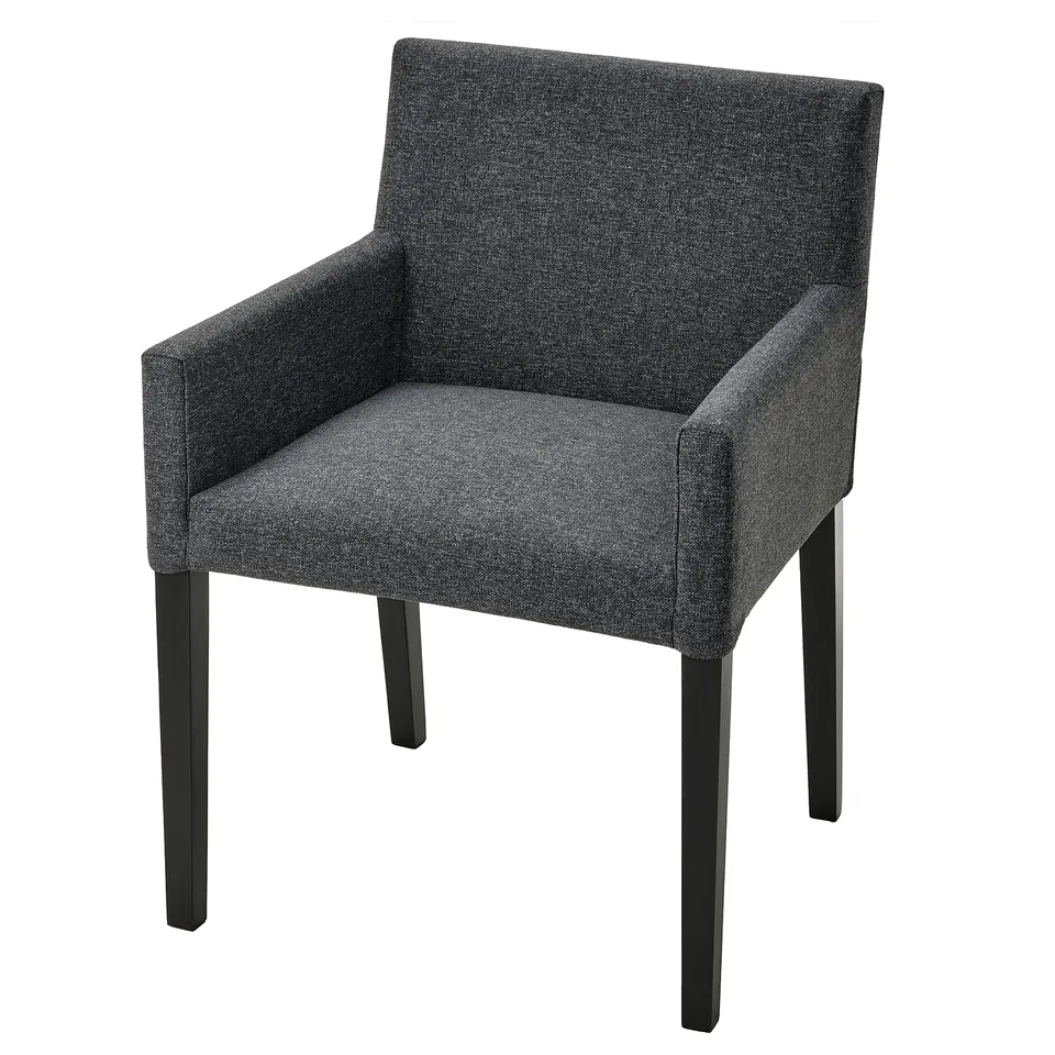 Image a modern grey upholstered chair with dark wooden legs.