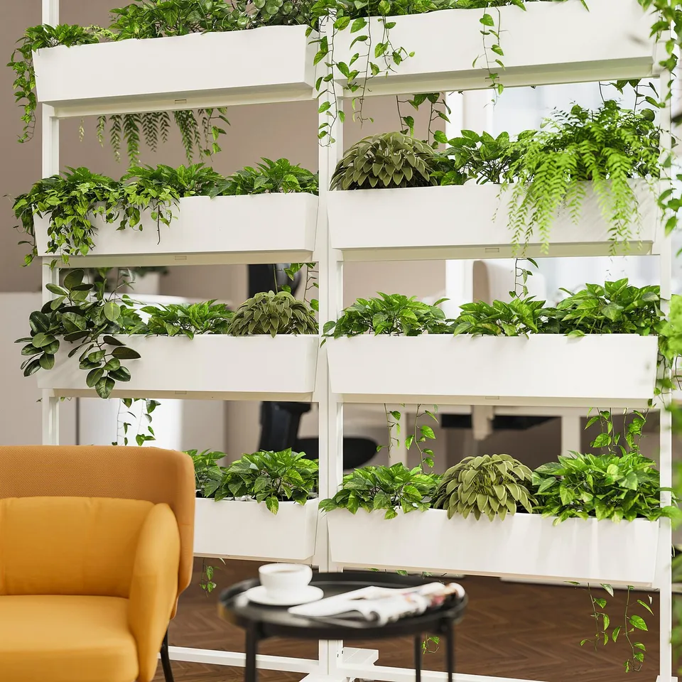 Modern office with MITTZON white plant wall shelves. Green foliage in boxes, bright yellow chair, black side table with tea set.