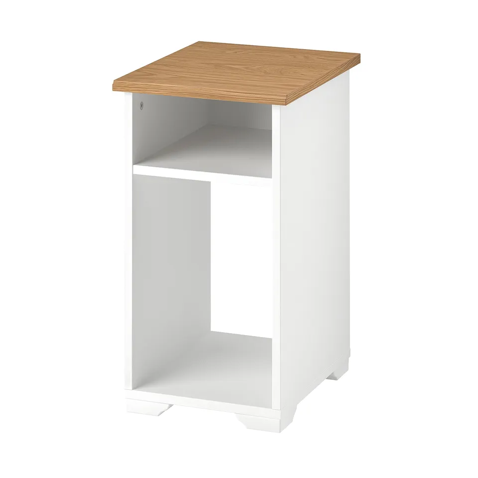 The SKRUVBY side table: white, wooden top, open storage, minimalist design.