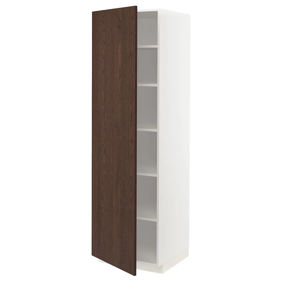 White METOD kitchen cabinet with dark brown oak veneer door, three adjustable shelves.