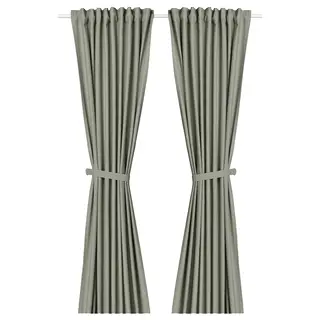 LENDA curtains with tie-backs, 1 pair, light grey-green/with heading tape, 140x300 cm