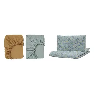 GULDVÄVARE set: fitted sheet for cot + duvet cover 1 pillowcase for cot, dark yellow/blue + blue/white floral pattern, 60x120 cm