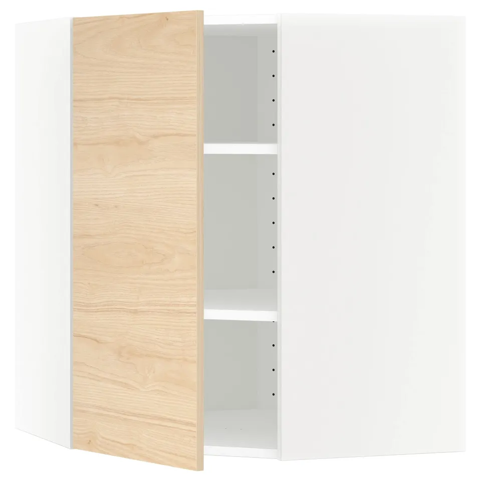 A light ash-colored METOD kitchen cabinet with one open door, revealing an internal adjustable shelf.