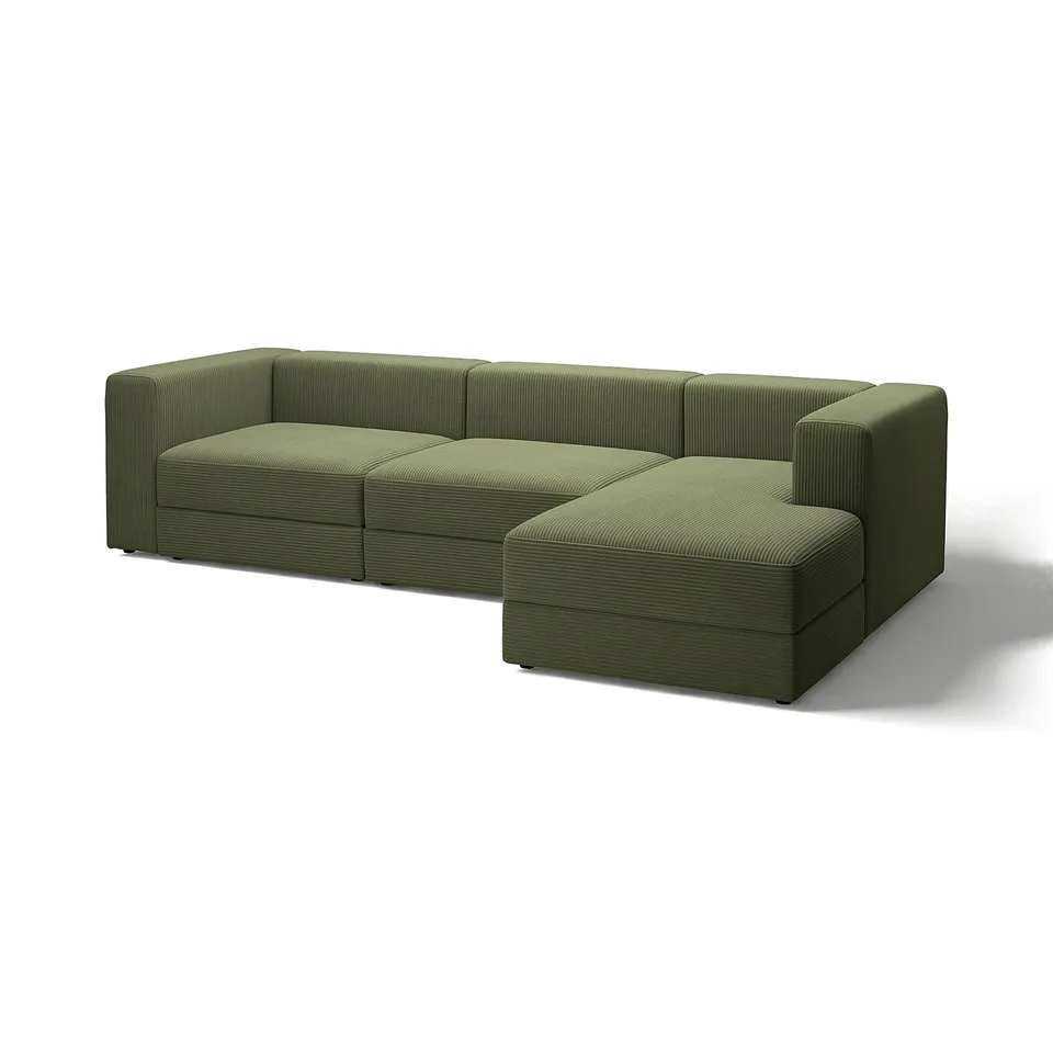 Modern olive green modular sofa, curved shape, easy-clean fabric.