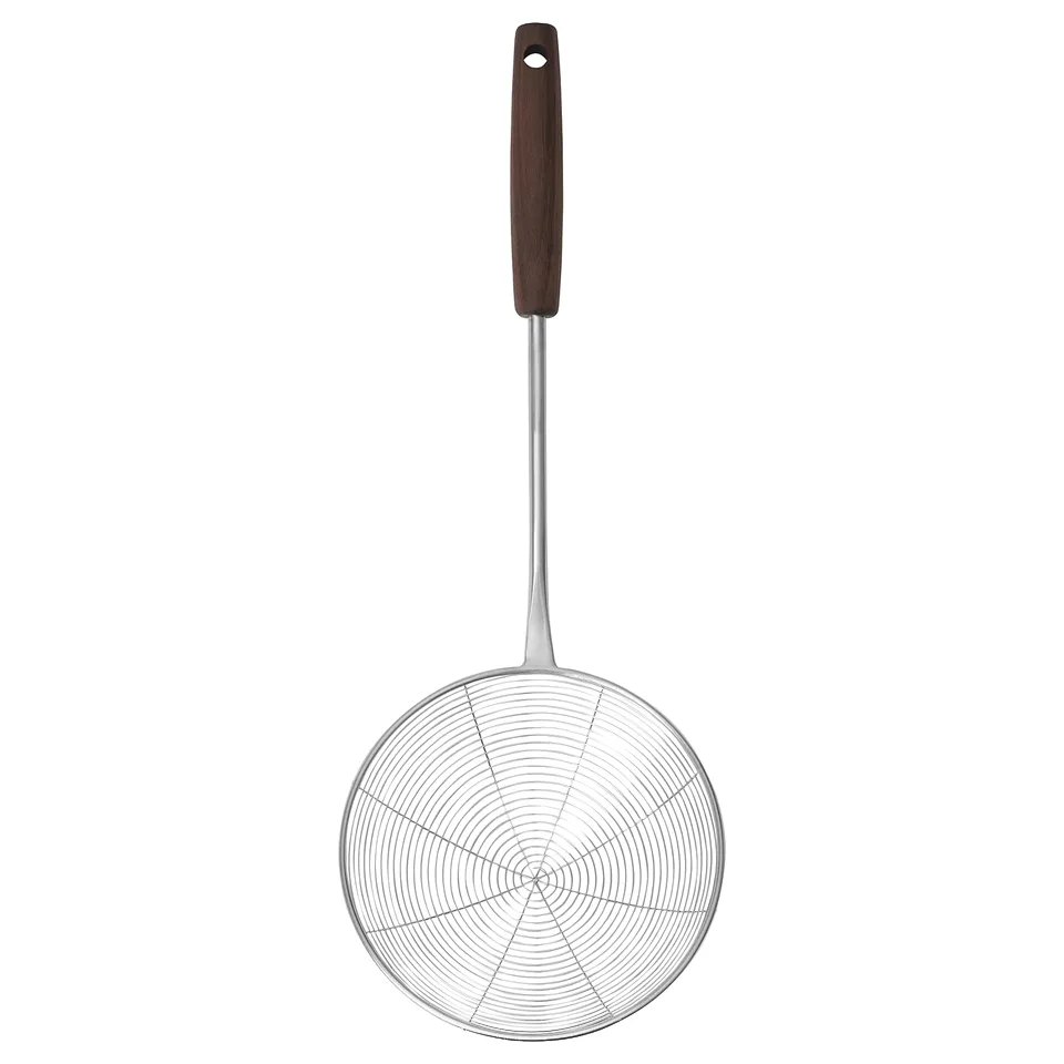 SLITSTARK skimmer, stainless steel, walnut handle, round shape, spiral design, kitchen tool.