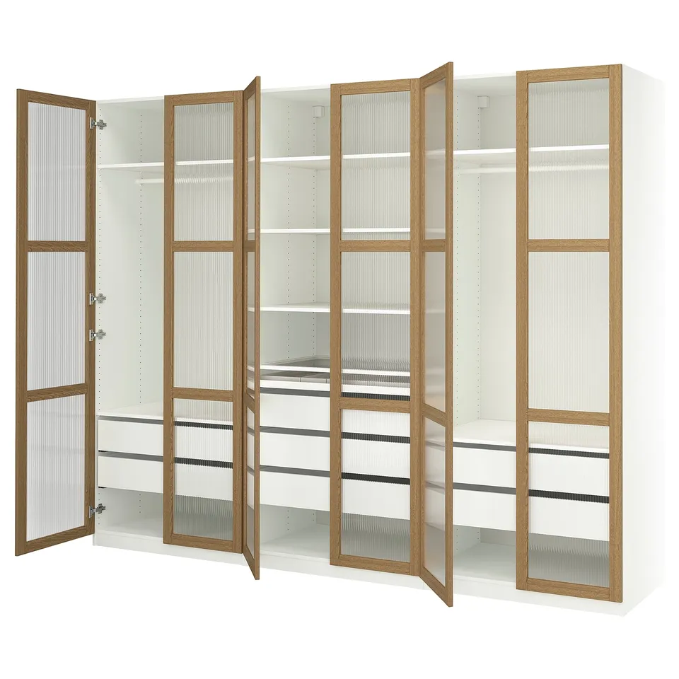 Modern white & oak wardrobe with glass doors open. Three compartments, adjustable shelves.