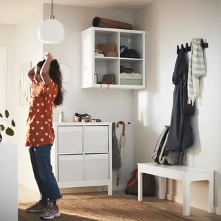 DRÖNA/KALLAX set: shelving unit with underframe + box x4, white/white + white, Width 77 x Depth 39 x Height 94 cm