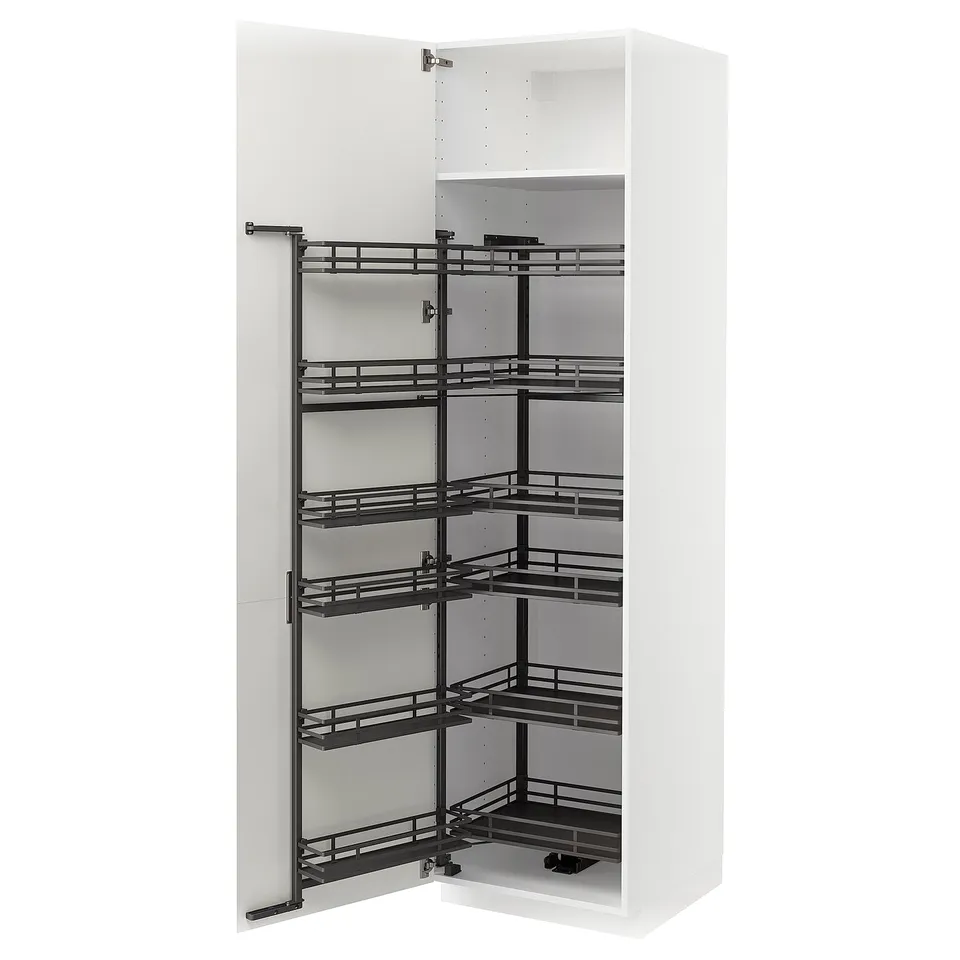 A METOD kitchen unit with pull-out shelves in white. The unit has a tall cabinet with multiple black metal shelves for storage.