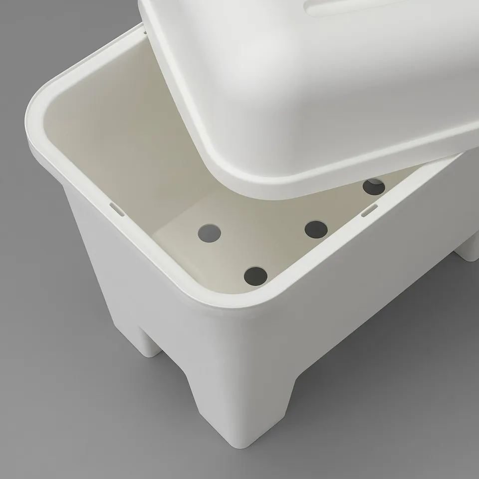 White plastic stool with large storage, four stable legs, curved seat.
