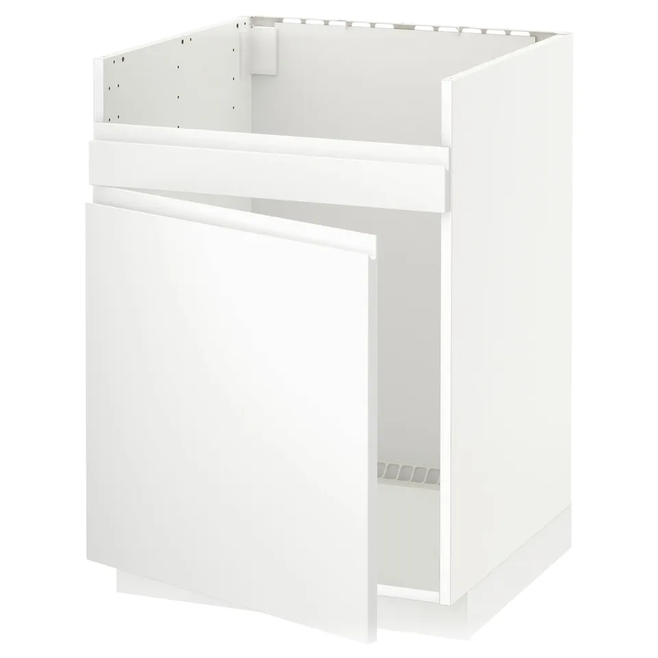 A white, modern kitchen cabinet with minimalist design for storing appliances.