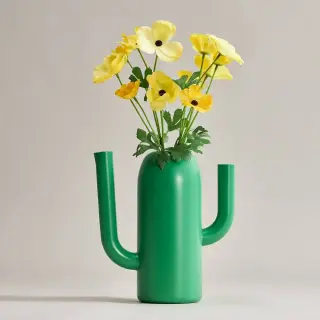 SMYCKA/ÄRTBUSKE set: vase/watering can + artificial flower x2, bright green + in/outdoor Ranunculus/yellow, 24 cm