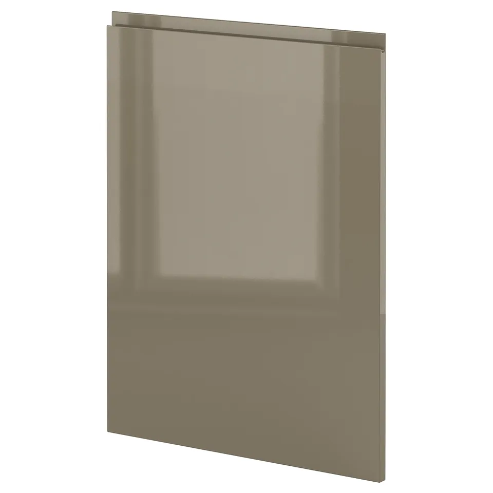 Gold-colored, sleek, high-gloss kitchen cabinet door, rectangular shape, minimalist design, with modern, integrated handle.
