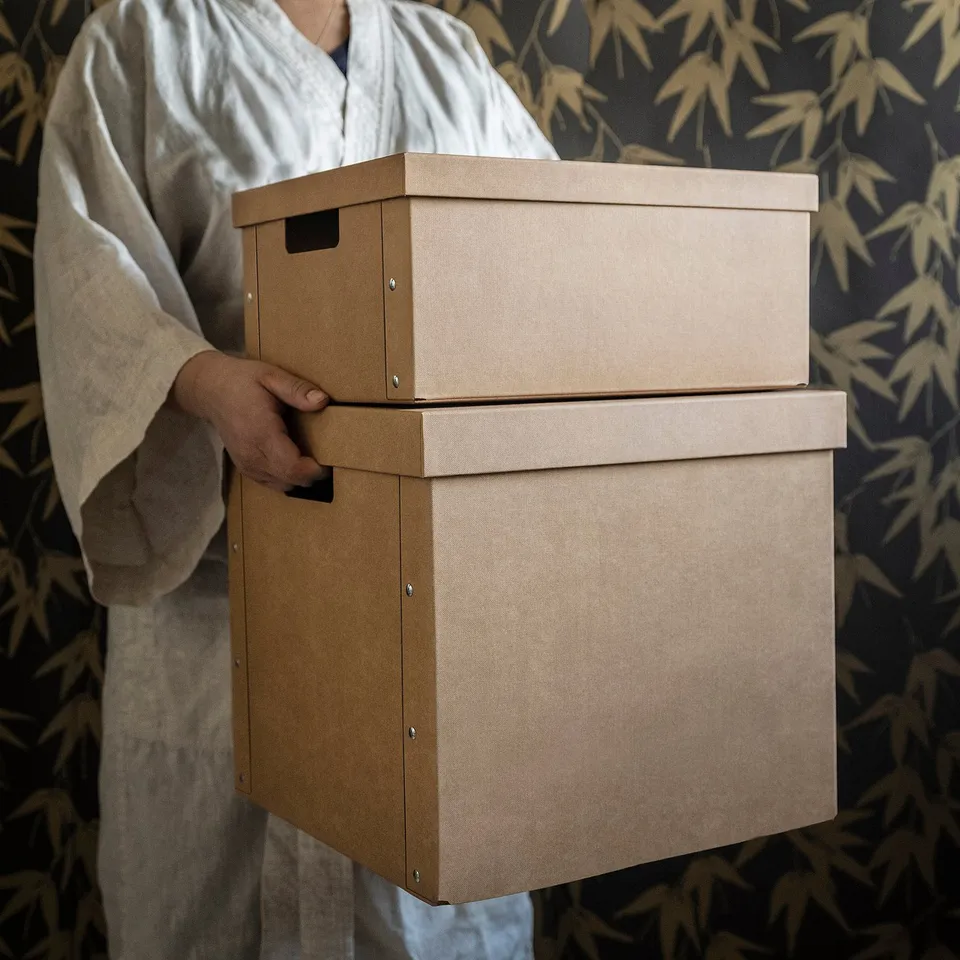 Person holding two stacked brown cardboard boxes with cut-out handles for easy carrying.