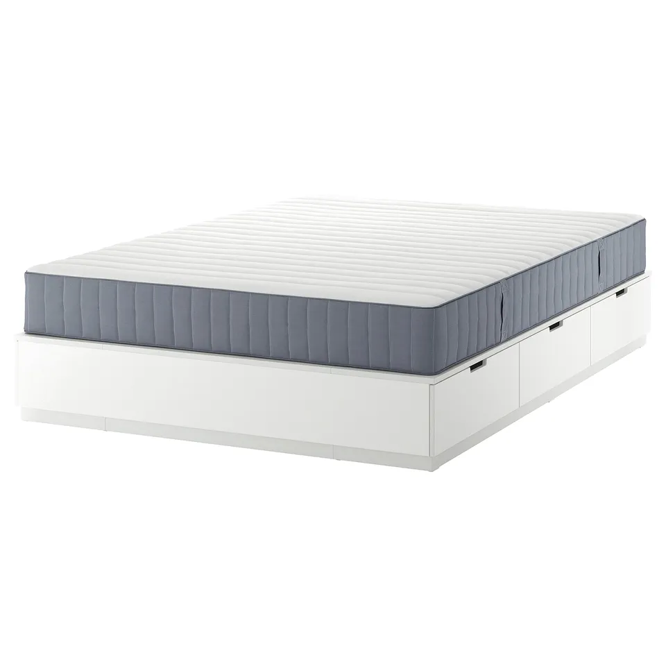White NORDLI bed with blue-gray edge and 6 drawers, neat modern design, ideal for small spaces.