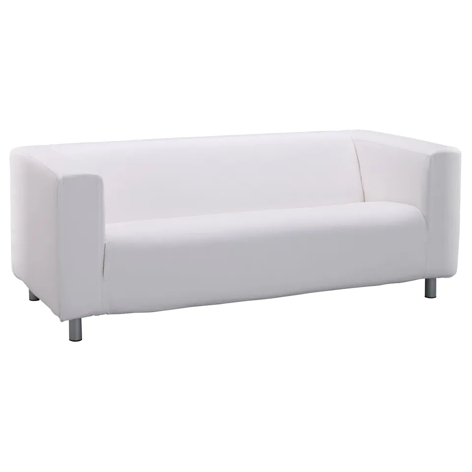 A white KLIPPAN sofa. It has a modern design with clean lines and minimalist style. The sofa is upholstered in polyester and stands on metal legs.