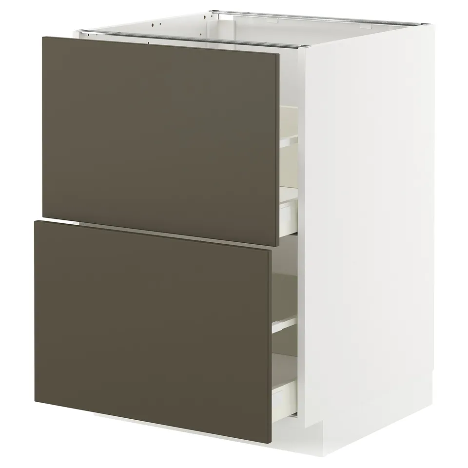A modern white kitchen cabinet with dark brown drawer fronts, featuring two large drawers.