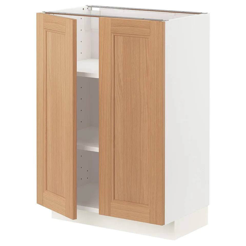 Ikea METOD kitchen cabinet, white, oak doors, open, with shelf.