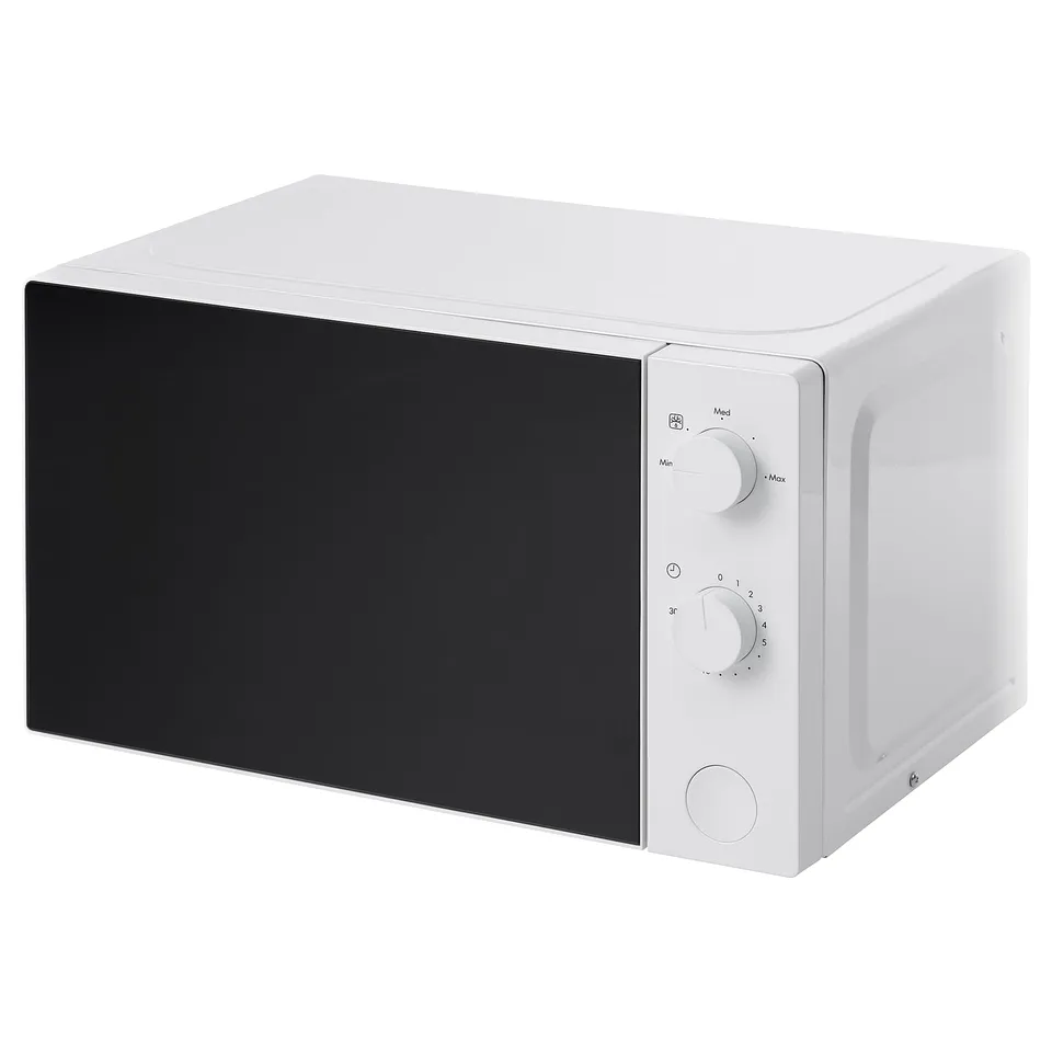 A white TILLREDA microwave oven with a black door, featuring two knobs for power and time control.