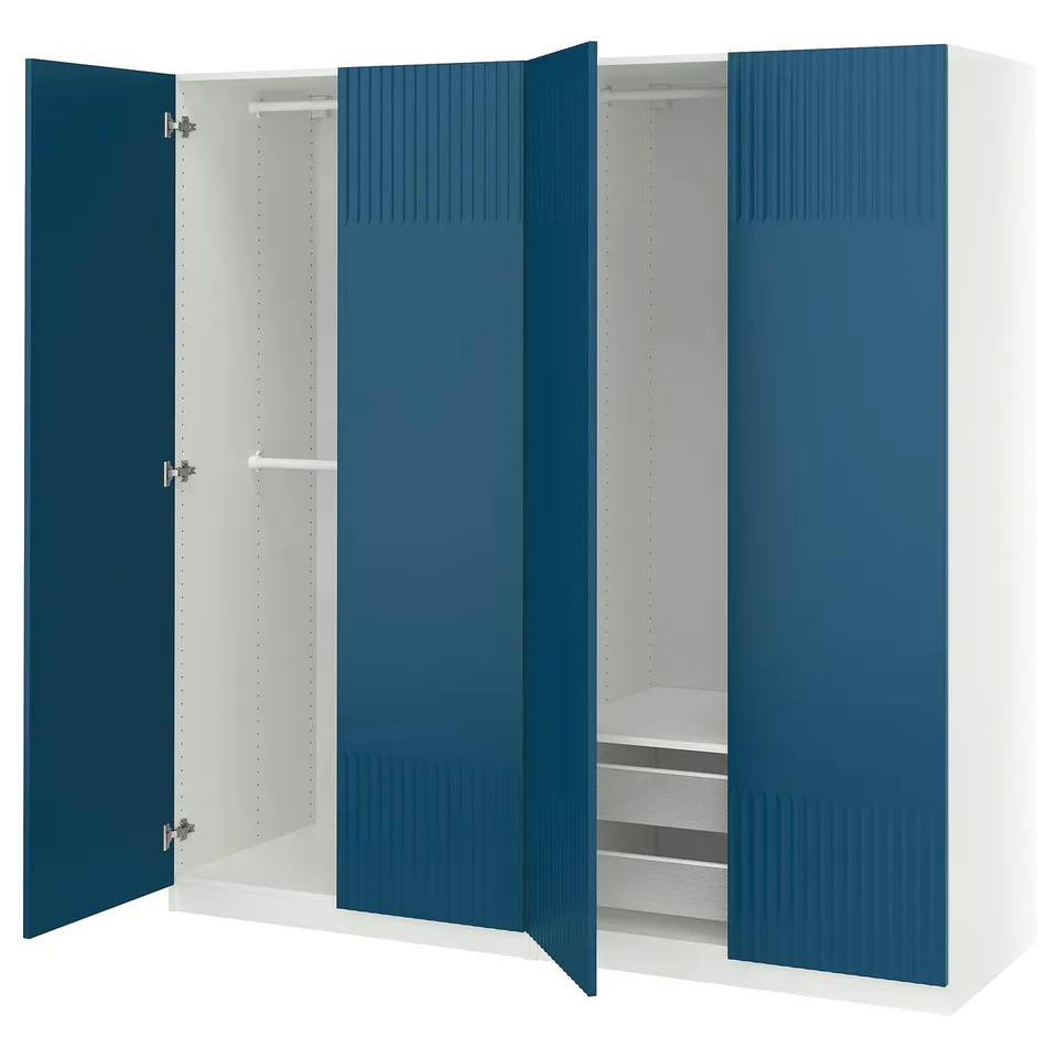 Blue & white closet with shelves & rails.