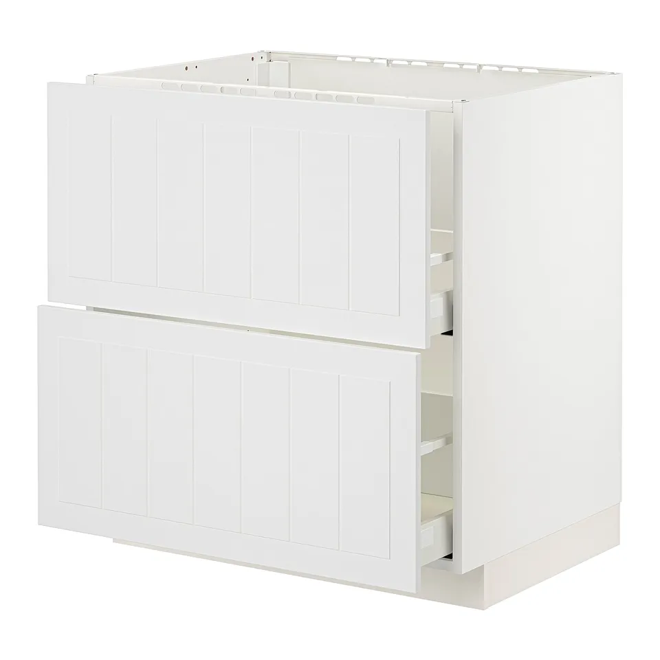 A white METOD kitchen cabinet with panels and two drawers.