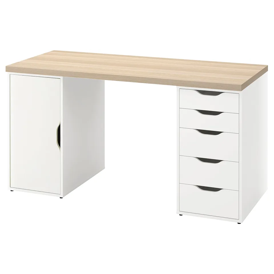 A white LAGKAPTEN desk with a light wooden top, featuring a cabinet and five drawers for storage. The design is simple and modern.