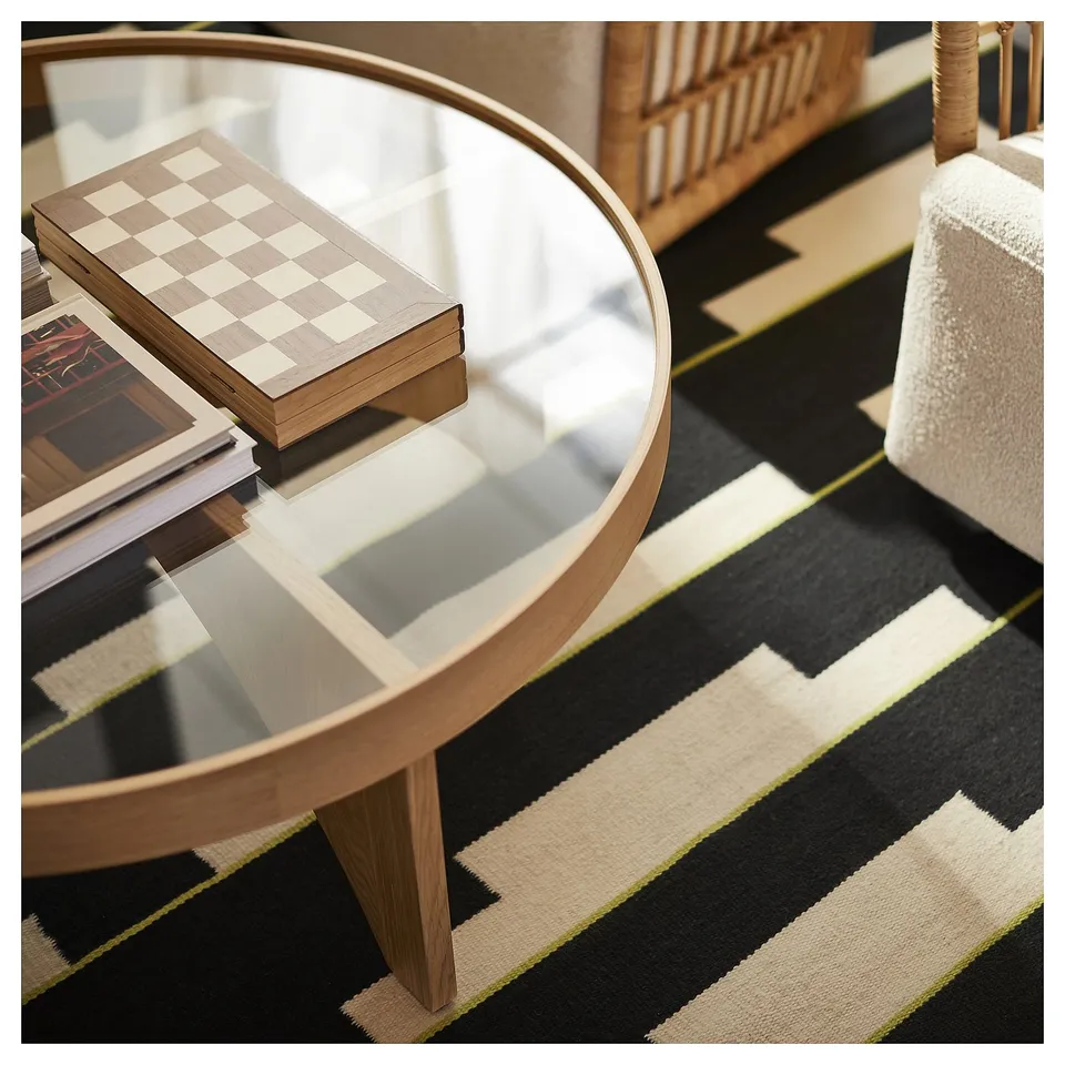 Scandi glass coffee table STOCKHOLM 2025, oak, high edge, black/white rug