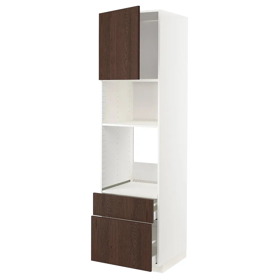 Dark brown oak sinarp cabinet with white METOD frame, tall, two shelves, left-hinged.