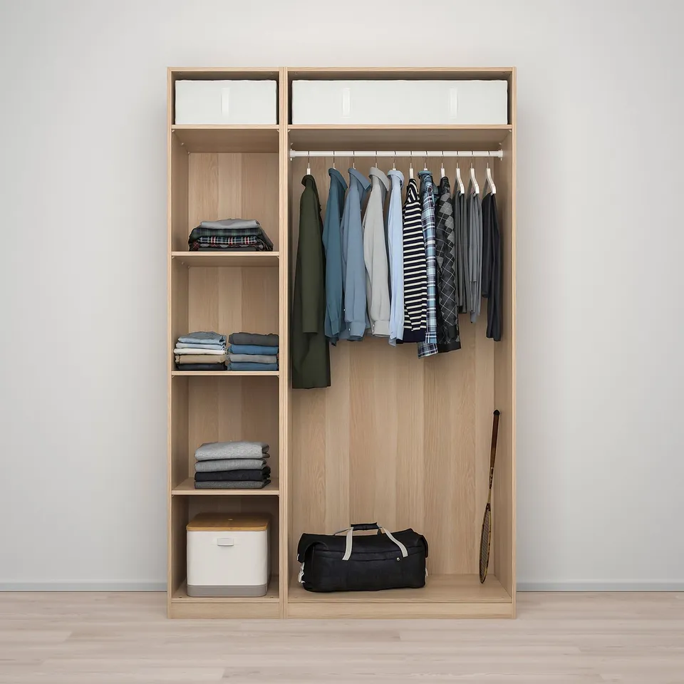 Wooden wardrobe organises clothes. Shelves hold folded clothes, hanging rail keeps shirts neat. Storage boxes for accessories.