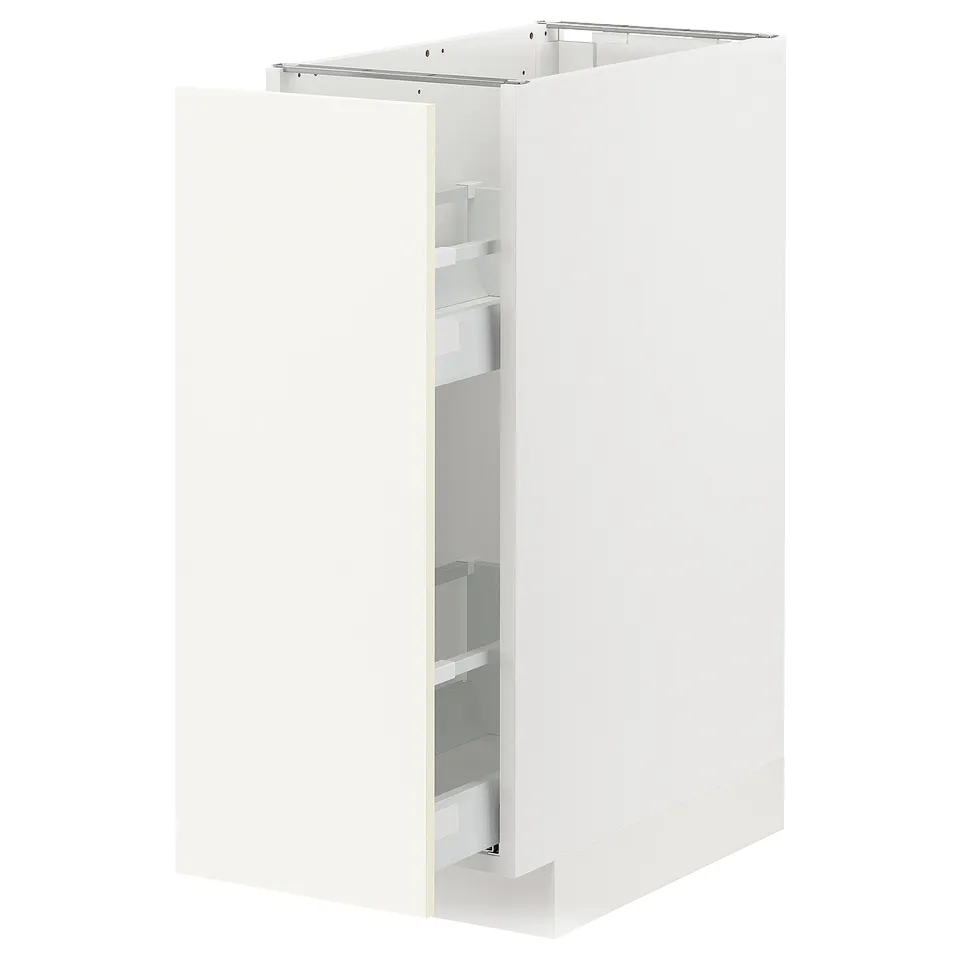 White METOD kitchen cabinet with pull-out drawers. Modern, minimalist design, made of particleboard and plastic.