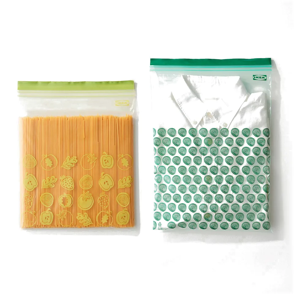 Two IKEA ISTAD bags: one holds pasta, the other a shirt.
