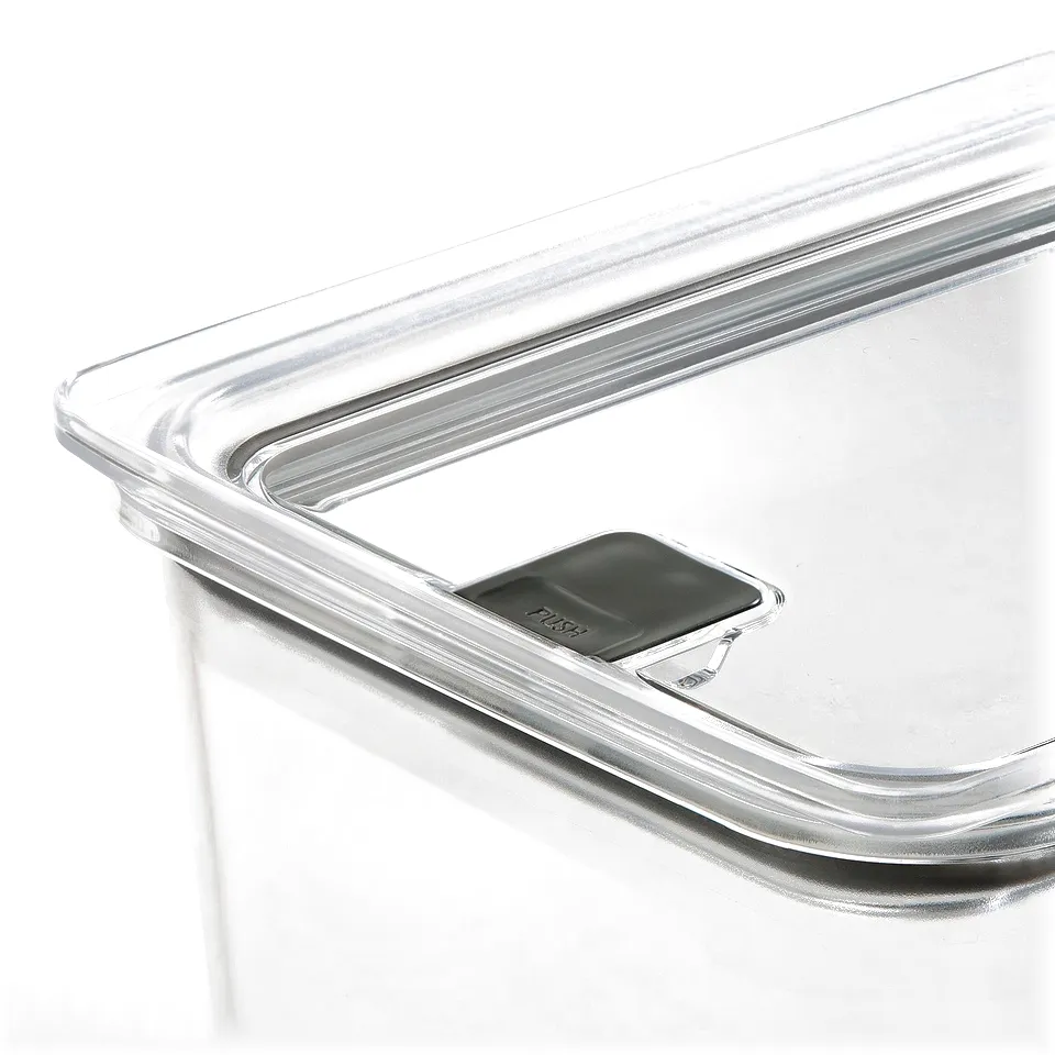 Clear, airtight plastic food jar with lock mechanism and vent for freshness.