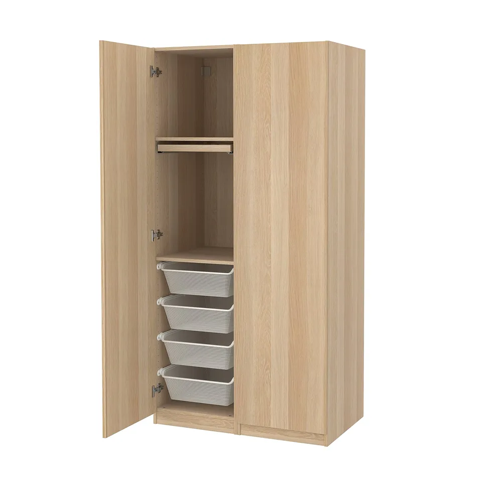 Wooden PAX wardrobe, light oak. Open doors reveal mesh baskets and hanging rail.