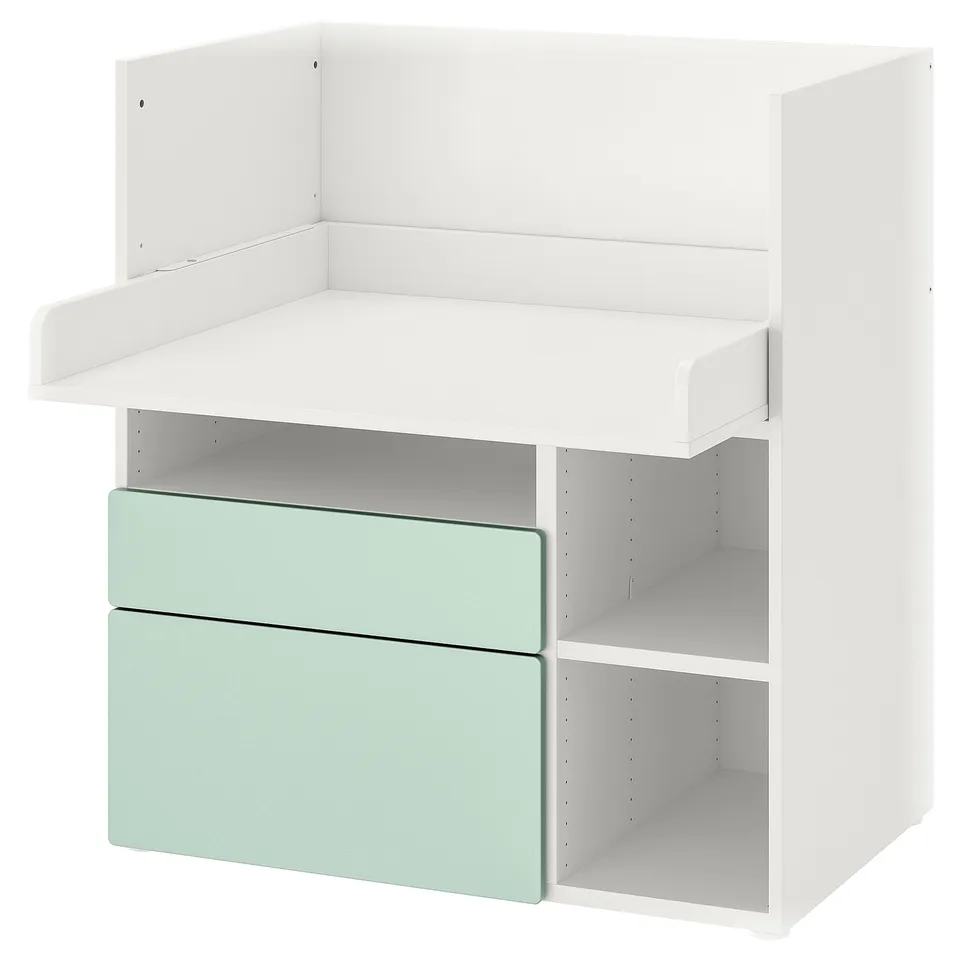 White & mint green baby changing table, 3 compartments & shelf, modern design.